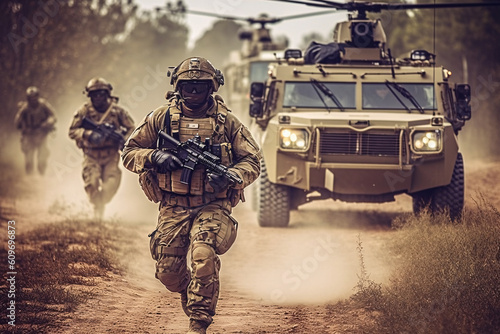 anti terrorist special force squad on action with military troops carrier in background
