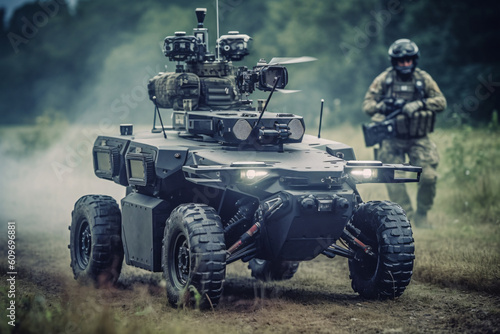anti terrorist special force squad on action with military troops carrier in background