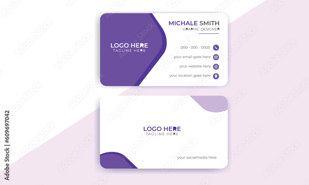 White and Purple Corporate Card Layout, Modern Visiting Card, Creative Business Card, Clean and Creative Card
