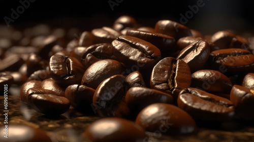 coffee beans on the table, scattered coffee beans, generative ai
