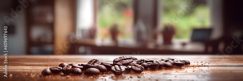 coffee beans on the table, scattered coffee beans, generative ai