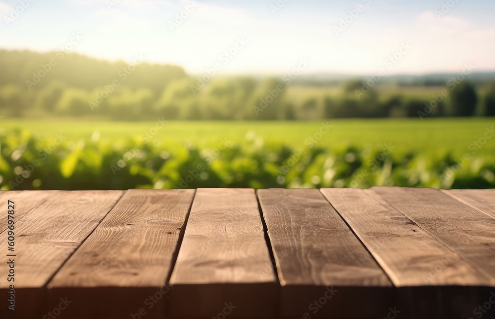 Empty wooden table on the background of farmer's fields, vegetable garden with harvest. Ready for product display montages.Generative AI Empty wooden table on the background of farmer's fields, vegetable garden with harvest. Ready for product display montages.Generative AI