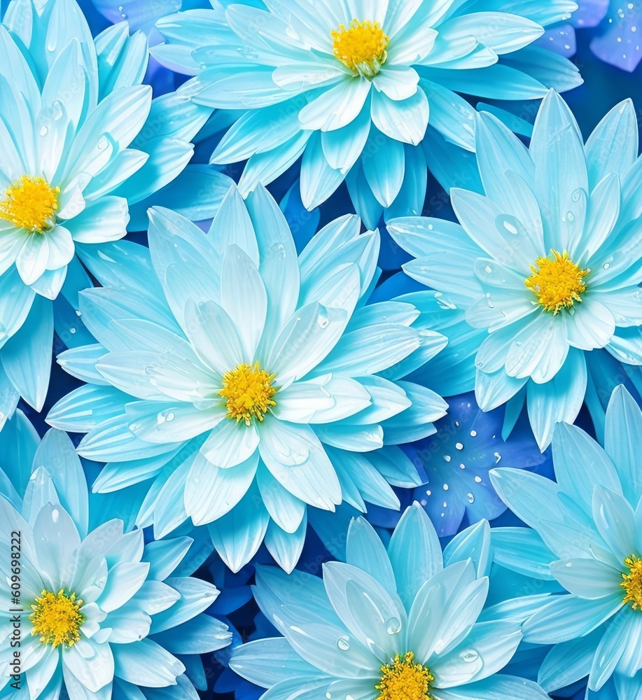 Obraz premium Beautiful blue flowers on a blue background, chrysanthemums, daisies, flowers with water drops, Generative AI Art Illustration 12