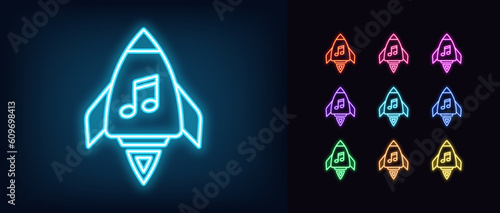 Outline neon musical rocket icon set. Glowing neon spaceship with music note sign, space disco party. Dance rocket, flight to music universe, musical adventure, spacecraft karaoke