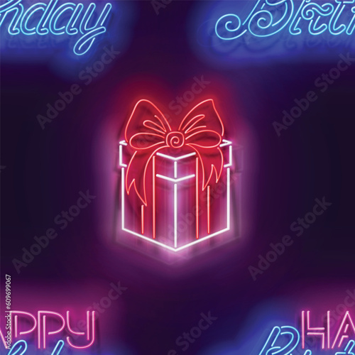 Seamless pattern with glow Gift Box with Beautiful Bow and Inscription. Happy Birthday and Holiday Party Mood. Neon Light Texture, Signboard. Glossy Background. Vector 3d Illustration 