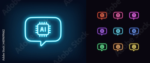 Outline neon AI message icon set. Glowing neon bubble message with AI chip sign, chat bot interaction. Chat with AI algorithms, messenger with virtual smart bot and AI command control
