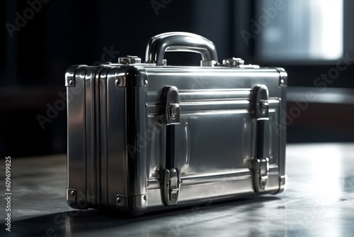 Shiny Silver Briefcase on Reflective Surface: Signifying Professionalism and Business Preparedness generative AI