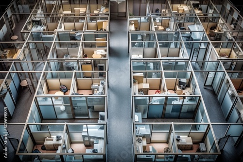 Overhead View of Abstract Metallic Cubicles: Representing the Compartmentalized Nature of Modern Business Environments generative AI