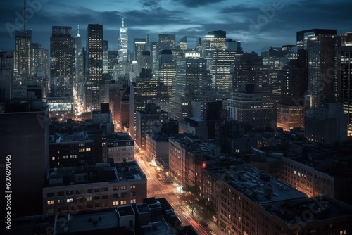 Striking Skyline View of Business District at Dusk: Symbolizing the Business World That Never Sleeps generative AI