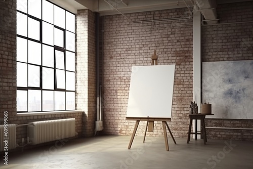 Empty White Canvas on Brick Wall in Loft-Style Office Space: Ready for Custom Message or Artwork generative AI