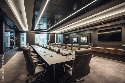 Elegant Conference Room for Corporate Decision-Making: Long Table and High-Tech Multimedia System generative AI