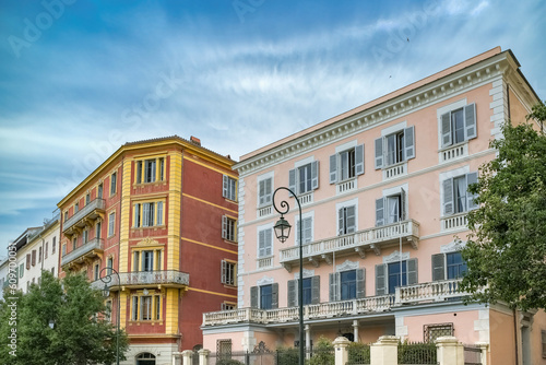 Corse, ancient colorful houses in Ajaccio, in the historic center 