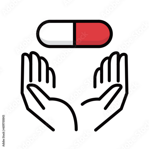 薬を包む手のシンプルなラインアイコン、ベクター