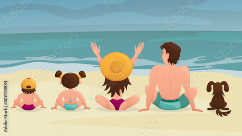 Happy family sits on the beach and looks out to sea. Dad, mom, son, daughter, and dog are relaxing on the ocean. View from the back. Cartoon. Vector illustration.