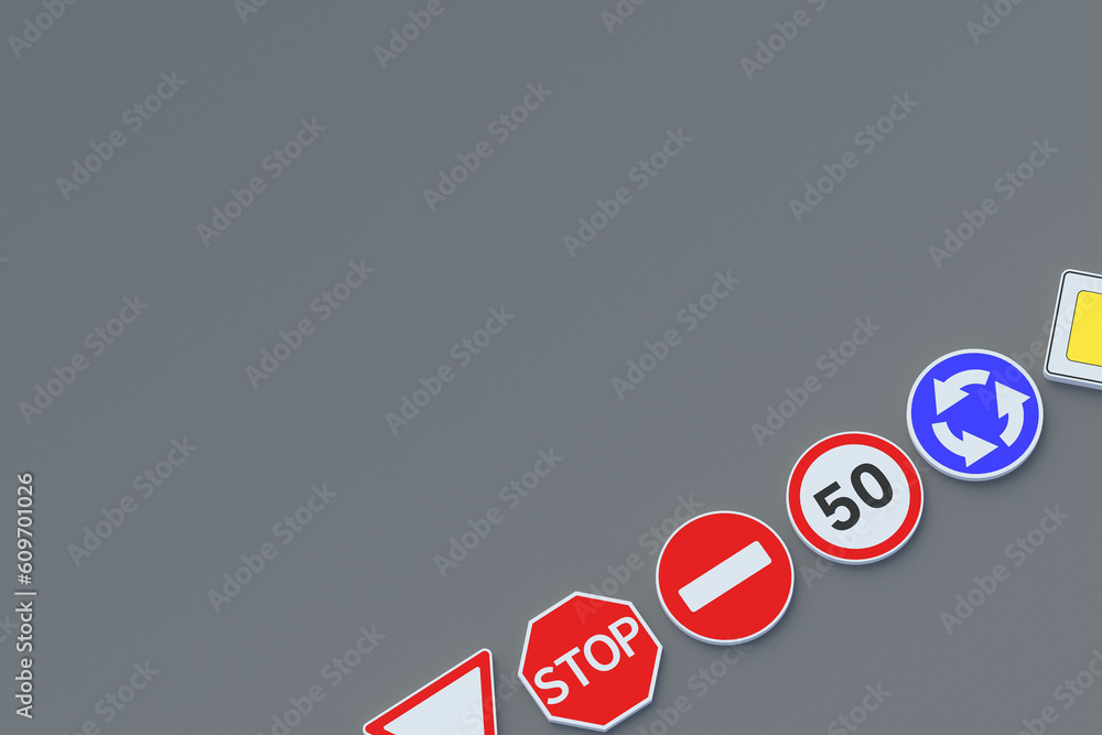 Road signs in corner. Traffic laws. Driving school concept. Rules and regulation. Highway signpost. Roadway infrastructure. Top view. Copy space. 3d render Road signs in corner. Traffic laws. Driving school concept. Rules and regulation. Highway signpost. Roadway infrastructure. Top view. Copy space. 3d render