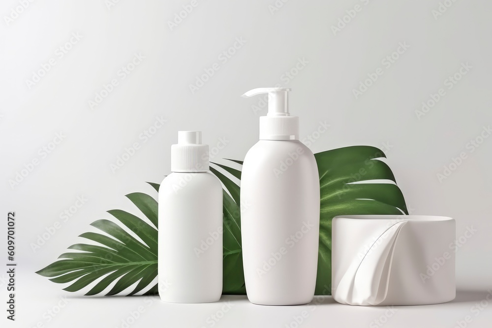 Blank cosmetic bottles on white background with tropical leaves. Generative AI Blank cosmetic bottles on white background with tropical leaves. Generative AI
