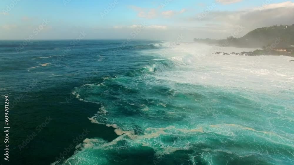 Aerial Lockdown Shot Of Waves Splashing On Sea Against Sky, Drone Flying Over Water - Oahu, Hawaii Aerial Lockdown Shot Of Waves Splashing On Sea Against Sky, Drone Flying Over Water - Oahu, Hawaii