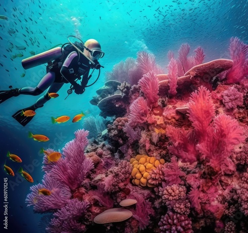 Wallpaper Mural scuba_diver_and_boat_in_snorkeling_on_corals Torontodigital.ca