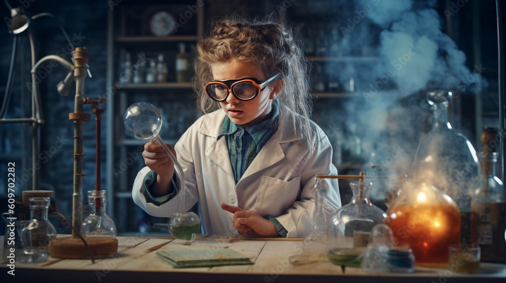 The girl wearing a lab coat and safety goggles, conducting a chemistry experiment in a well-equipped laboratory Generative AI - obrazy, fototapety, plakaty 
