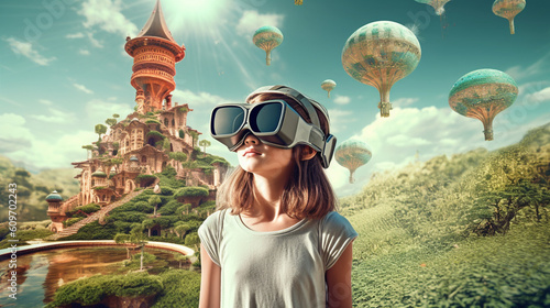 The girl wearing a virtual reality headset, exploring a virtual world filled with educational wonders Generative AI photo