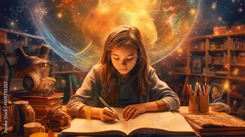 The girl sitting at a desk, writing in a journal, surrounded by vibrant artwork and inspirational quotes Generative AI