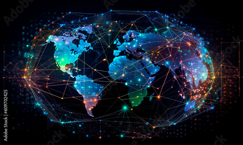 Glowing digital global earth map background. Neon 3d generative AI purple continents with futuristic communication grid and cyberspace connection lines with international information