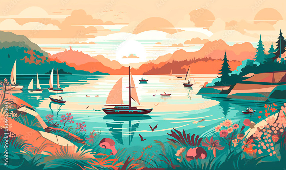 Sailing yachts on lake background. Sports regatta and 3d pleasure boating on summer generative AI evening surrounded by mountains and forests