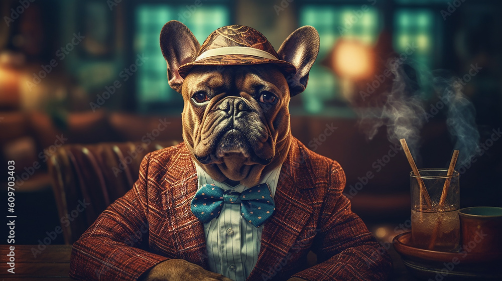 Generative AI. A gentleman French Bulldog, dressed in a gentleman's suit and wearing a hat with Generative AI. A gentleman French Bulldog, dressed in a gentleman's suit and wearing a hat with