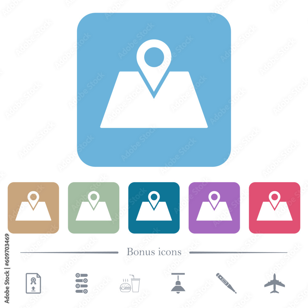 GPS route planning flat icons on color rounded square backgrounds GPS route planning flat icons on color rounded square backgrounds