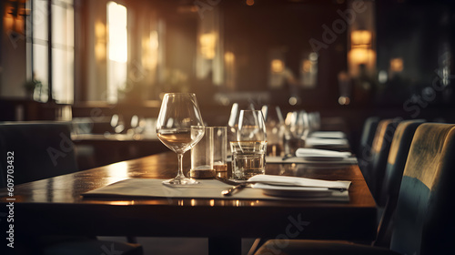 chic, elegant restaurant, table with cutlery glasses, generative ai © bruno
