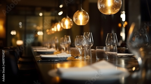 chic, elegant restaurant, table with cutlery glasses, generative ai