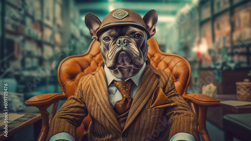 Generative AI. A gentleman French Bulldog, dressed in a gentleman's suit and wearing a hat with