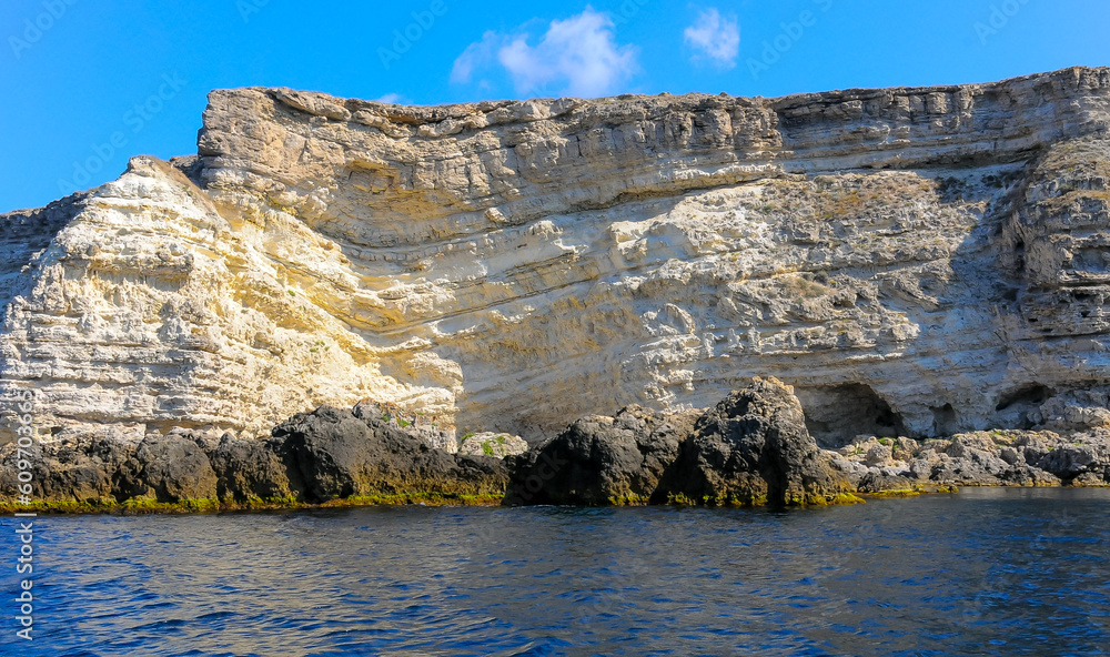 High Coastal cliffs from layered Pontic limestone in the western Crimea ...
