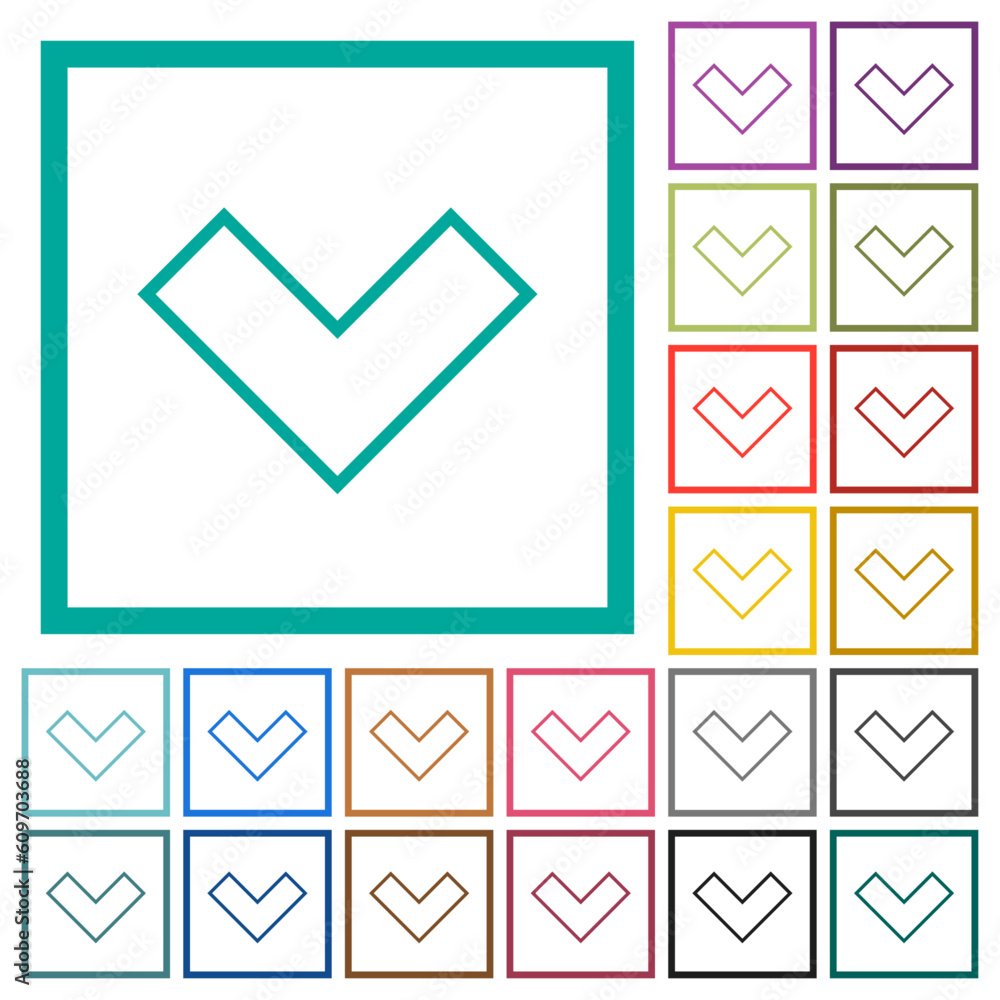 Bottom angle arrow outline flat color icons with quadrant frames Bottom angle arrow outline flat color icons with quadrant frames