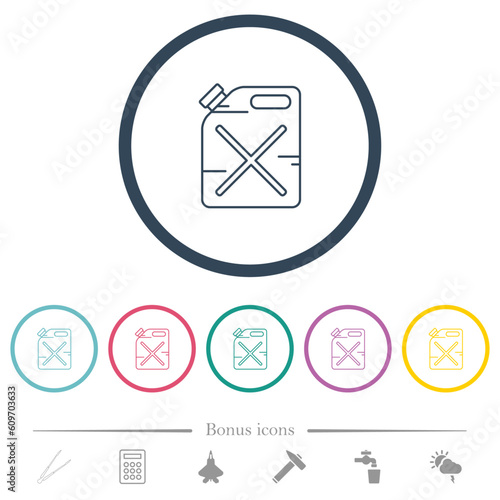 Gas can flat color icons in round outlines