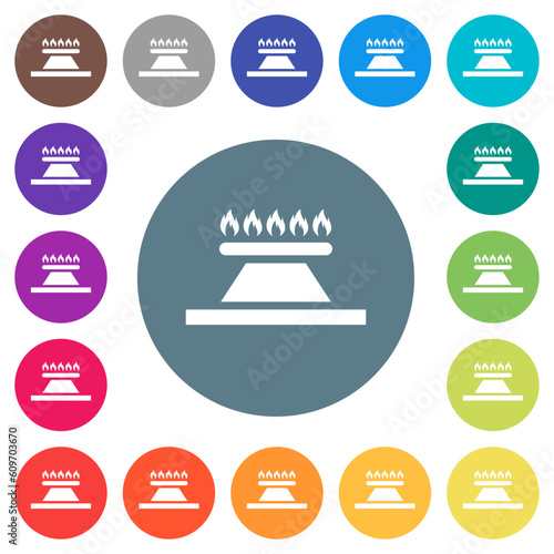 Kitchen gas stove flat white icons on round color backgrounds