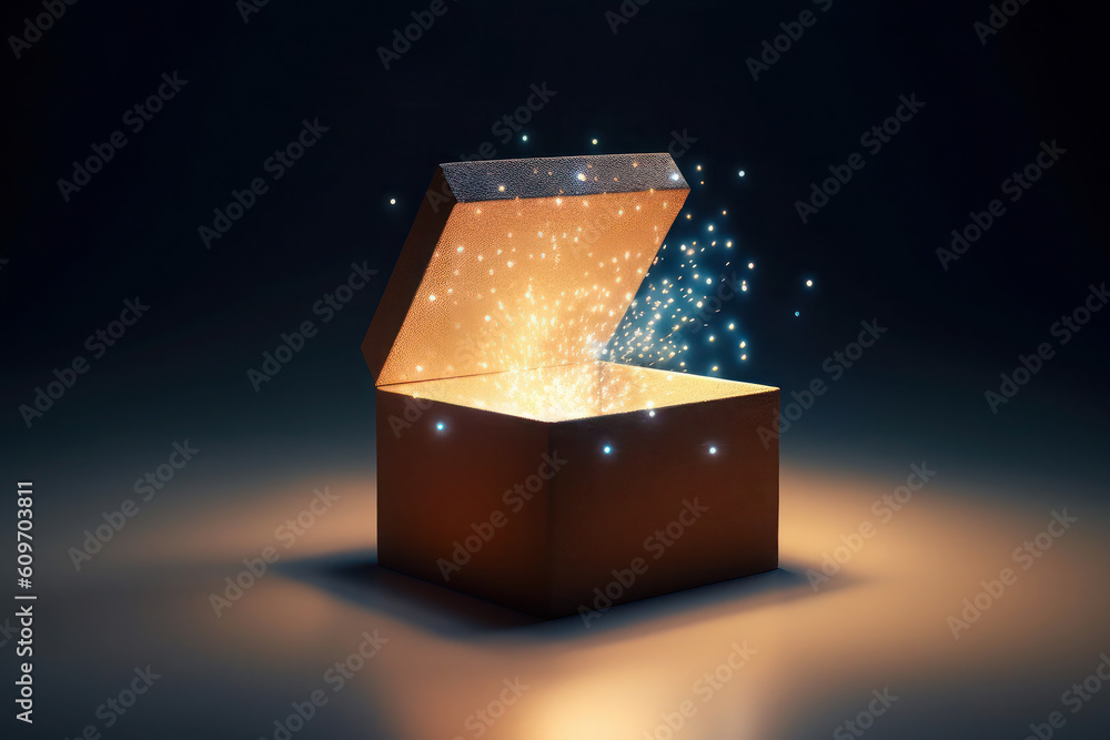 custom made wallpaper toronto digitalmystery box with Illuminated lighting glitter on dark background. holiday and birthday. ai, ai generative, generative ai, neural network
