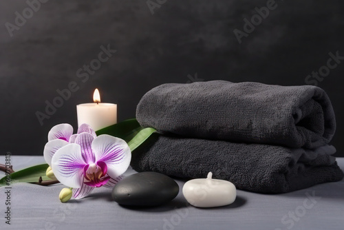 towels, stones, candles, flowers in the massage parlour. Beauty spa treatment and relax. ai,ai generative, generative ai