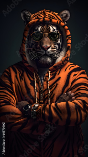 rapper tiger dressed as rapper in tiger skin jacket  generative ai