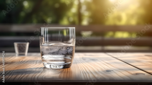 glass of mineral water over a wooden bench, generative ai