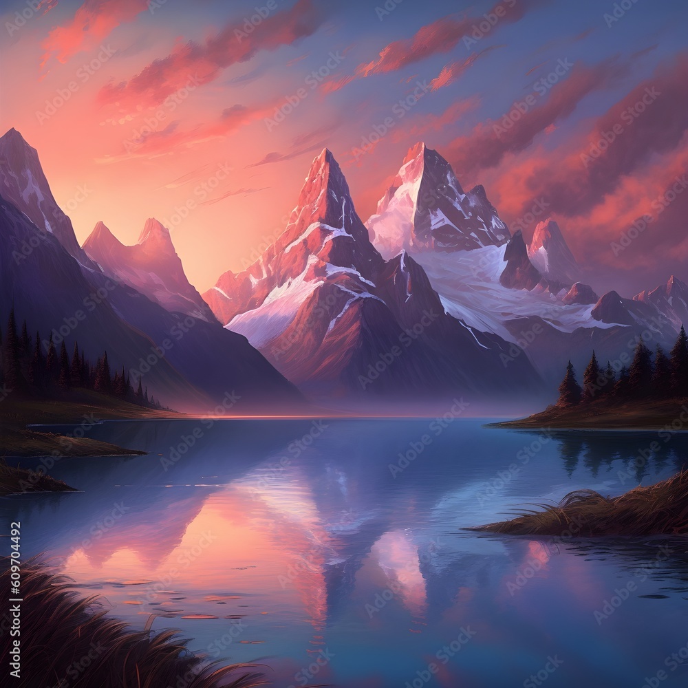 Painting that captures the serenity of a mountain lake reflecting the towering peaks.