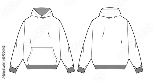 Oversize hoodie unisex technical drawing front and back sides for men and women fashion technical drawing streetwear brand long sleeves technical sketch vector editable