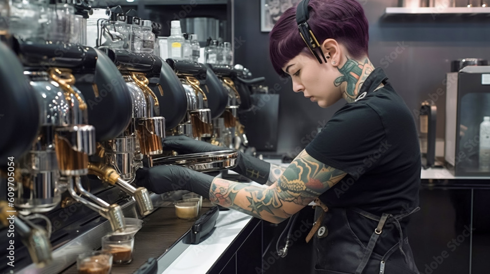 female cyborg serving at cafe coffee shop, generative AI