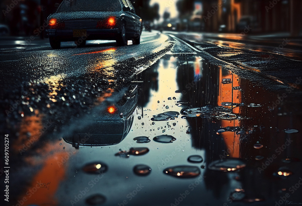 City night street reflected in a puddle of water after rain. AI Generated