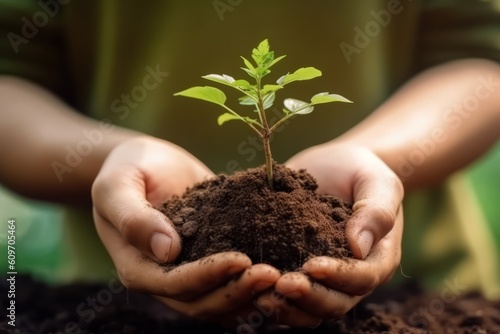 Planting trees on world environment day. Hands of were planting seedling on soil. Bokeh green background female hand holding tree on nature field grass forest conservation concept. Generative Ai
