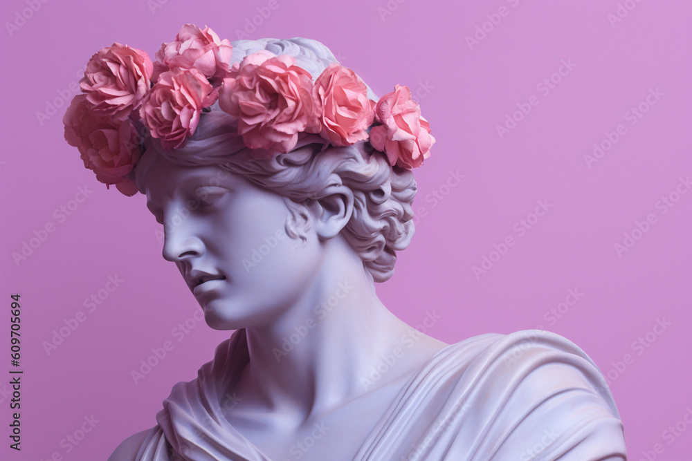 Purple Ancient Greek bust statue with pastel colored flowers on a purple background created with AI generative technology