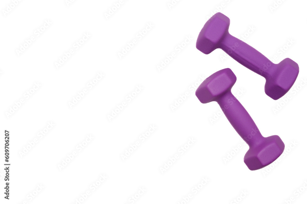 Two rubberized dumbbells 2 kg in purple color isolated on white. Sports training, fitness, sports equipment. Copy space. Two rubberized dumbbells 2 kg in purple color isolated on white. Sports training, fitness, sports equipment. Copy space.