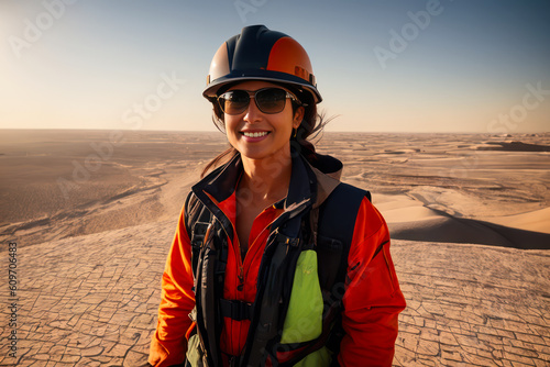 Portrait of the female oil worker in an orange vest, desert oil rig background. Generative AI © mikhailberkut