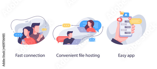 Programming Illustration Set. Different characters working on web and application development on computers. Software developers. Flat vector style illustrations.