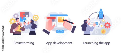 Programming Illustration Set. Different characters working on web and application development on computers. Software developers. Flat vector style illustrations.